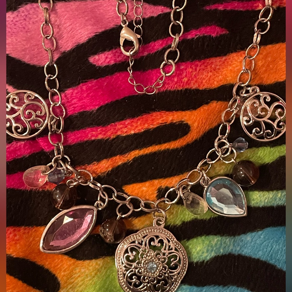 Vintage Silver Charm Necklace with Multicolor Accents